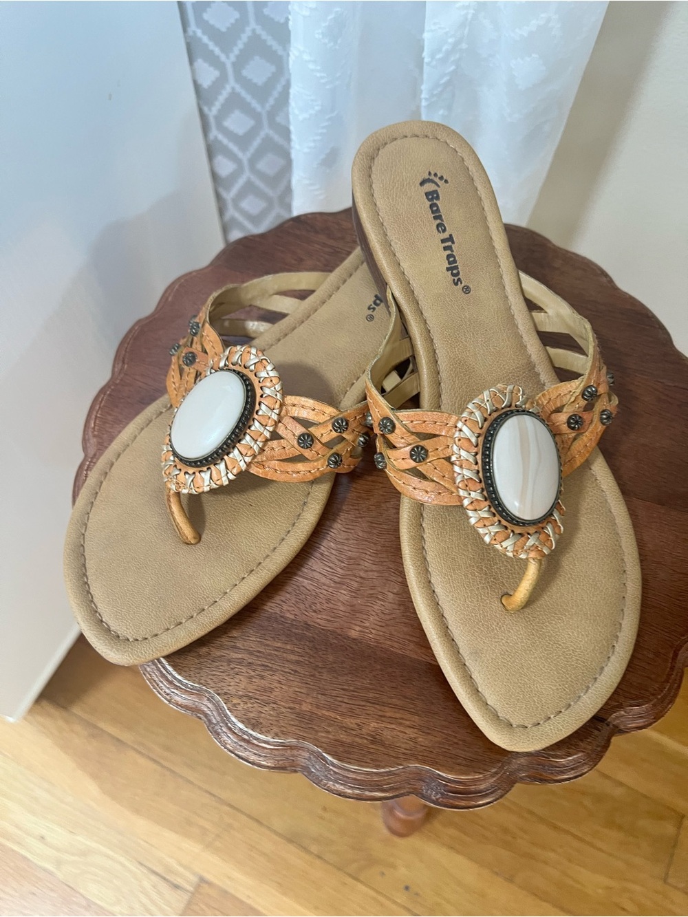 BareTraps Tan Braided Toe-Post Sandals with White Stone Accent